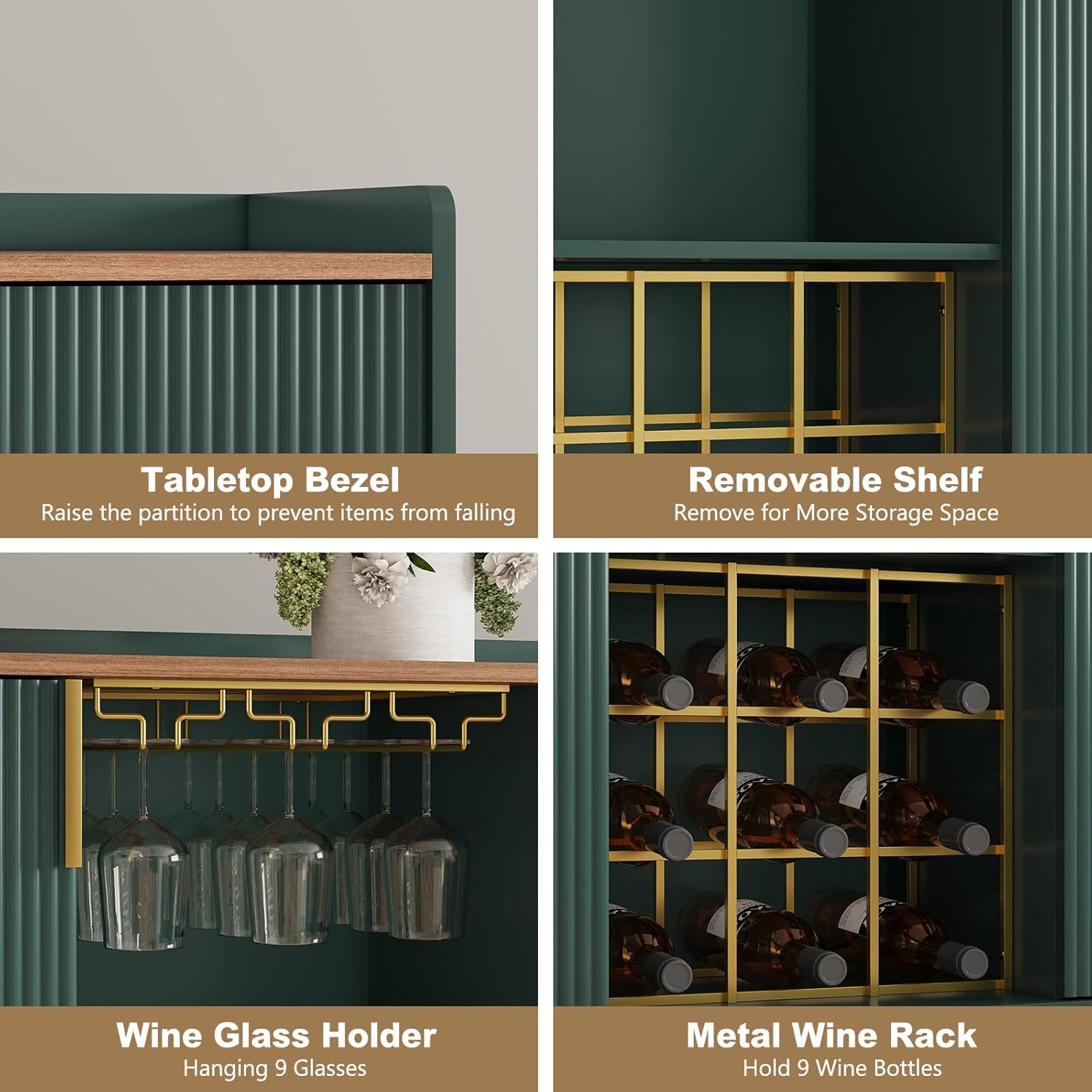 HLR® 48" Wine Bar Cabinet with Fluted Texture, Modern Buffet Sideboard with Wine Rack