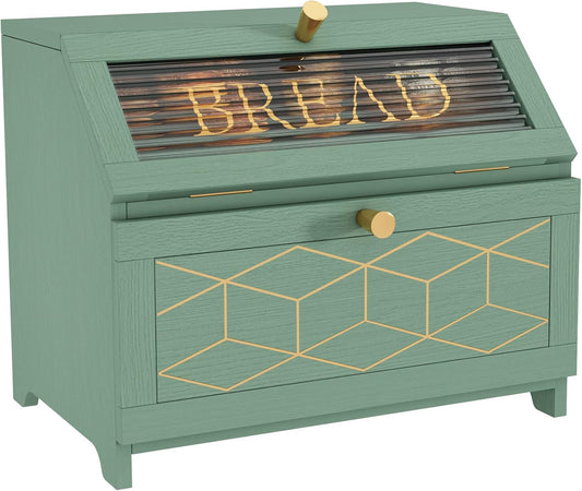 HLR® Double Layer Bread Box With Golden Trim for Countertop, Wooden Bread Container