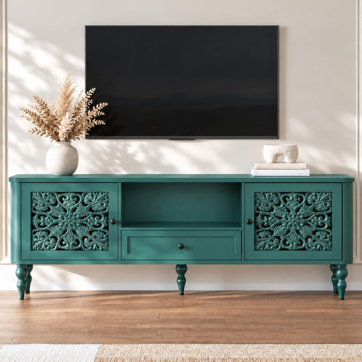 HLR 70" Vintage TV Stand with Carved Doors for up to 80 " TV
