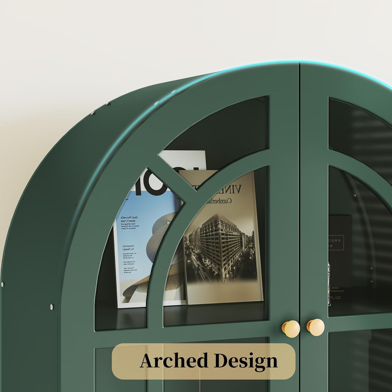 HLR® Arched Bookcase,71’’Tall Arched Cabinet with Glass Door Drawers and Shelves
