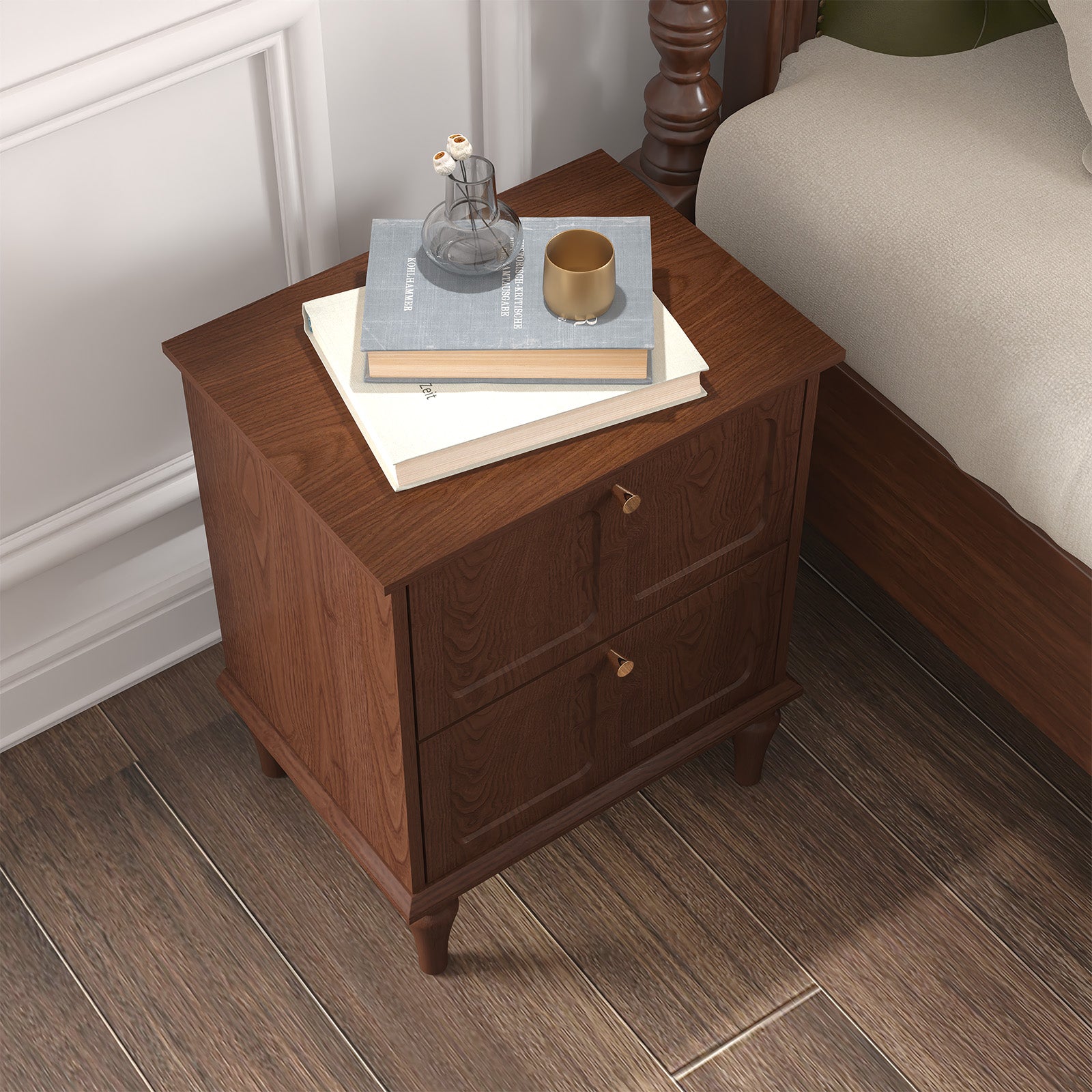 HLR 20" Mid Century Nightstands Set of 2 with Drawers, Wood Bedside Table End Table for Bedroom, Brown