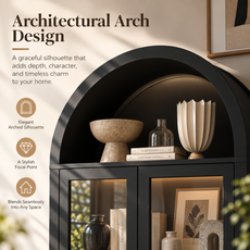 HLR 71" Tall Arched Modern Display Cabinet with Drawers, Curio Bookcases Cabinet with Glass Doors, Black