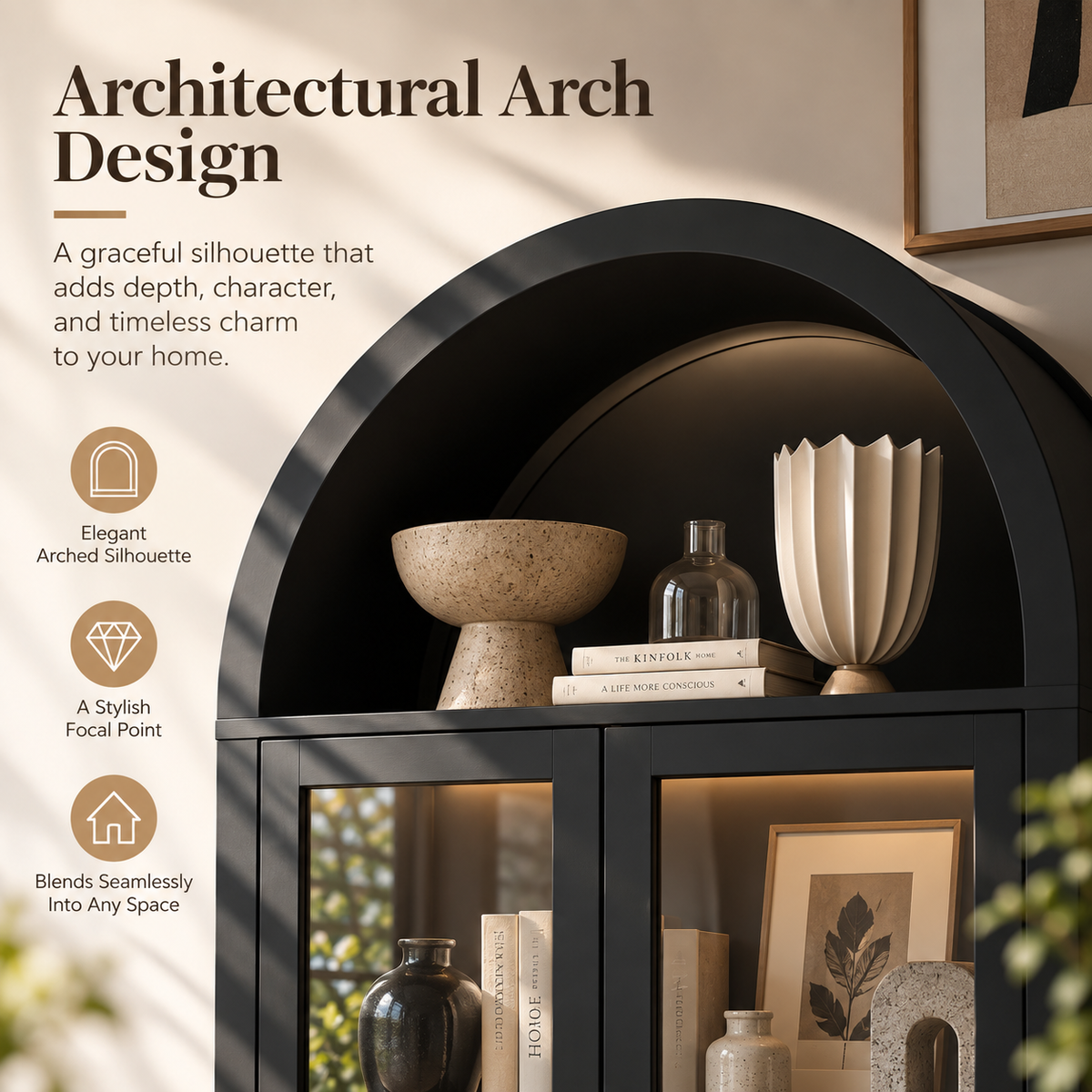 HLR 71" Tall Arched Modern Display Cabinet with Drawers, Curio Bookcases Cabinet with Glass Doors, Black