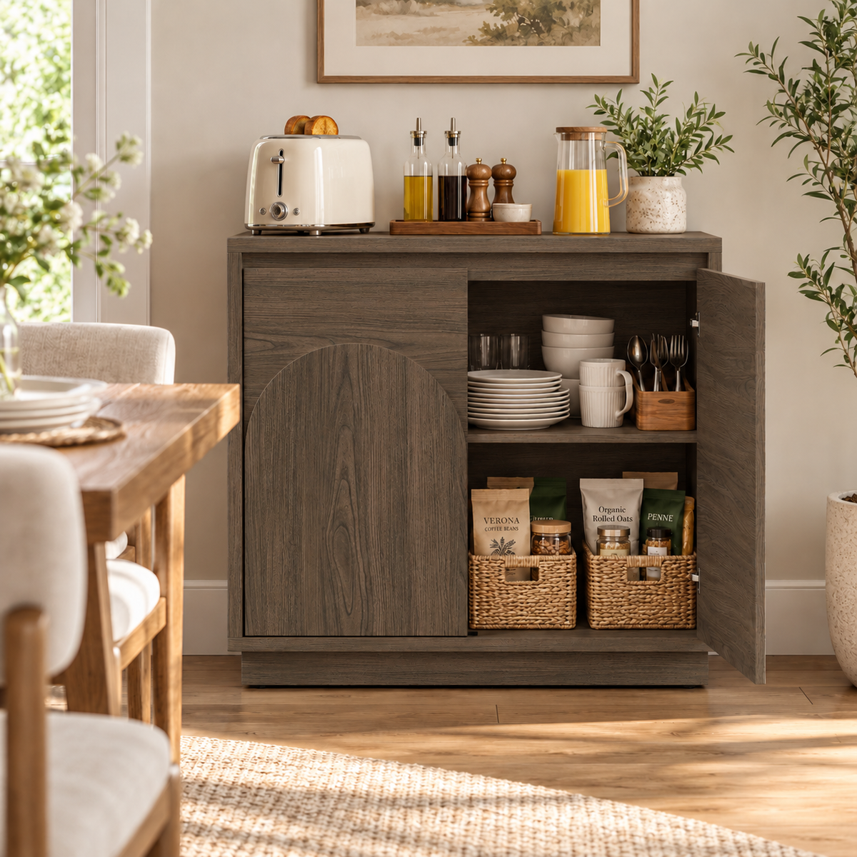 HLR 63'' Sideboard Buffet Cabinet, Mid-Century Wood Accent Cabinet with 4 Doors Storage for Living, Brown