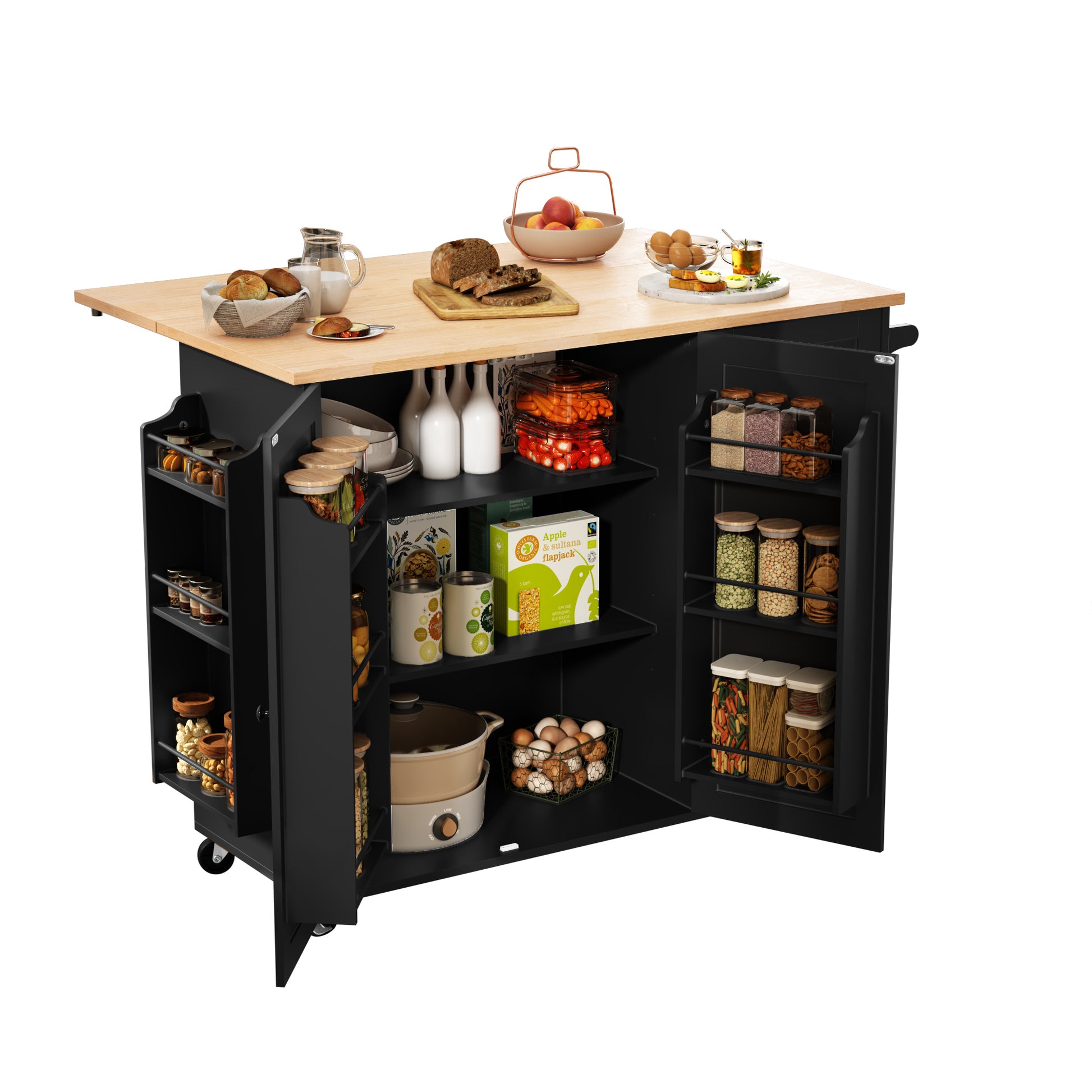 HLR 50.39" Kitchen Islands with Storage, Wood Top Cart with Drop Leaf and Wheels,Black