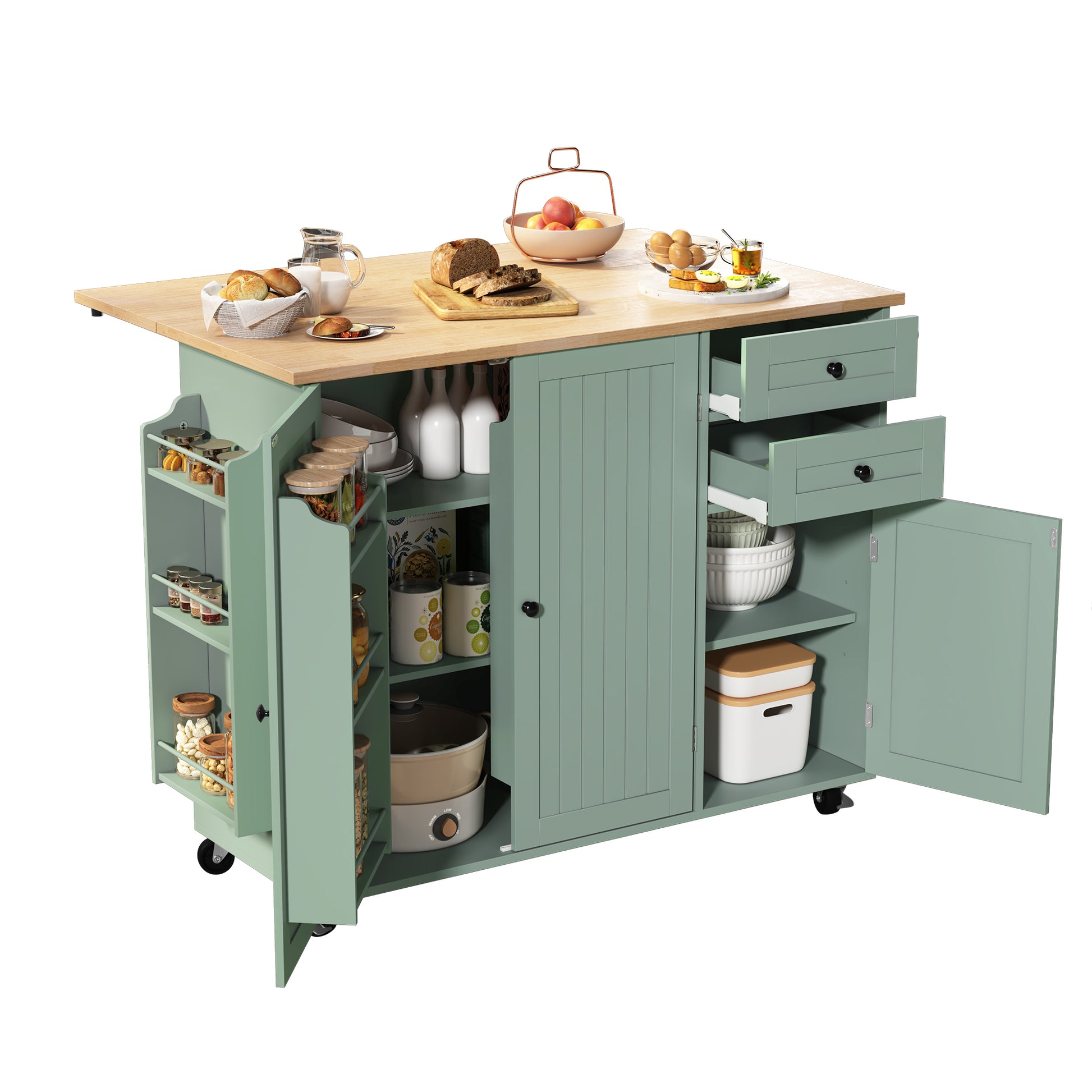 HLR 50.39" Kitchen Island with Storage, Wood Top Cart with Drop Leaf and Wheels, Green