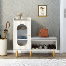 CBJCBJ Modern Storage Bench with Glass Door & Shelf - L-Shaped Entryway Cabinet, Padded Seat for Hallway/Bedroom/Office