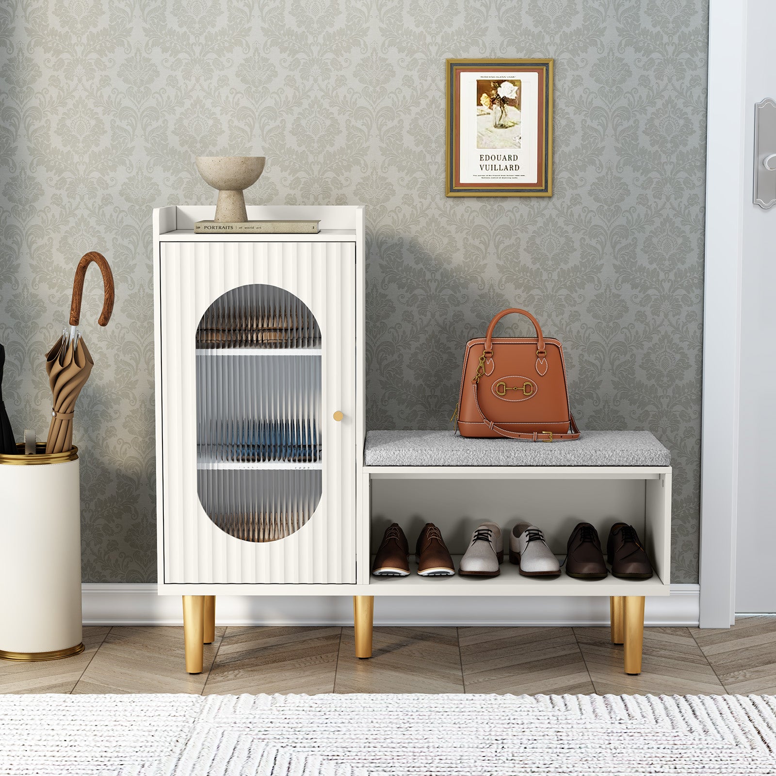 CBJCBJ Modern Storage Bench with Glass Door & Shelf - L-Shaped Entryway Cabinet, Padded Seat for Hallway/Bedroom/Office