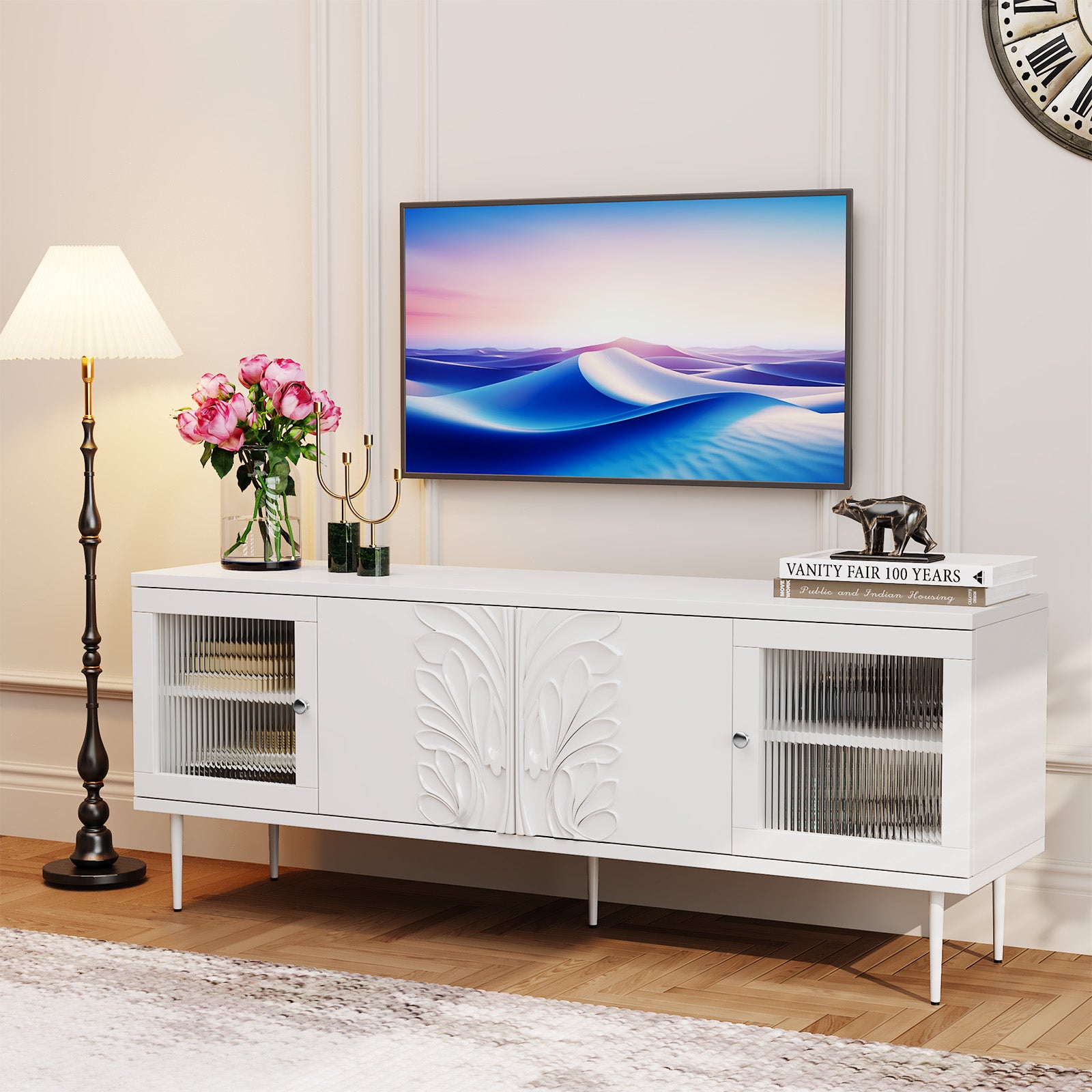 CBJCBJ Modern TV Stand for 70" TV, TV Console Cabinet with Storage, Entertainment Center for Living Room,White