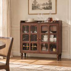 HLR Large Sideboard Buffet Cabinet with Storage, 32" Mid-Century Brown Coffee Wine Bar with 2 Glass Doors, Outlets