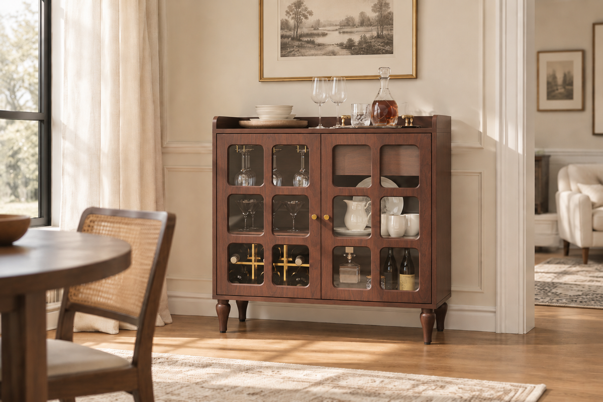 HLR Large Sideboard Buffet Cabinet with Storage, 32" Mid-Century Brown Coffee Wine Bar with 2 Glass Doors, Outlets