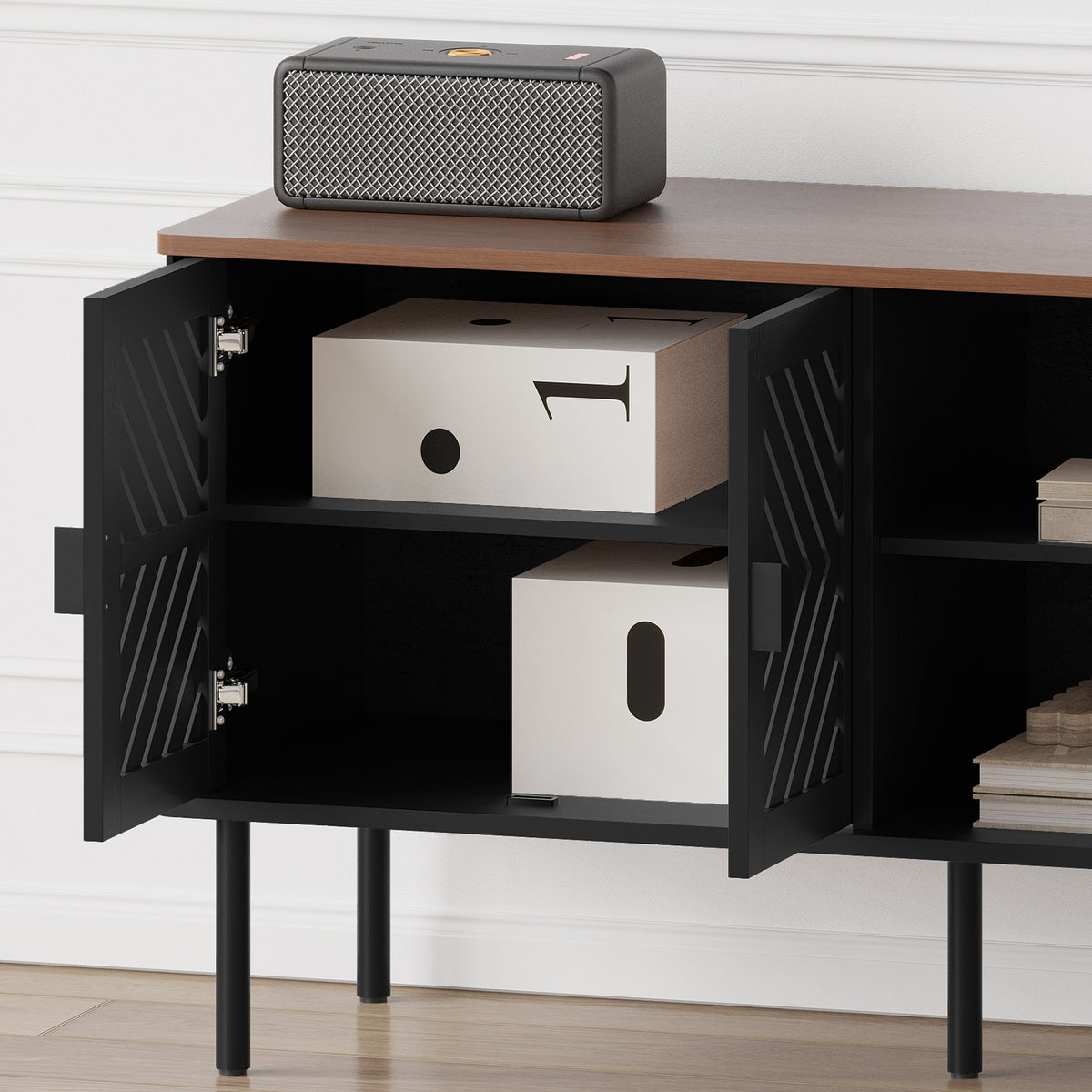 HLR Mid Century Modern 55" TV Stand for 65 Inch TV, Entertainment Center with Storage, Black