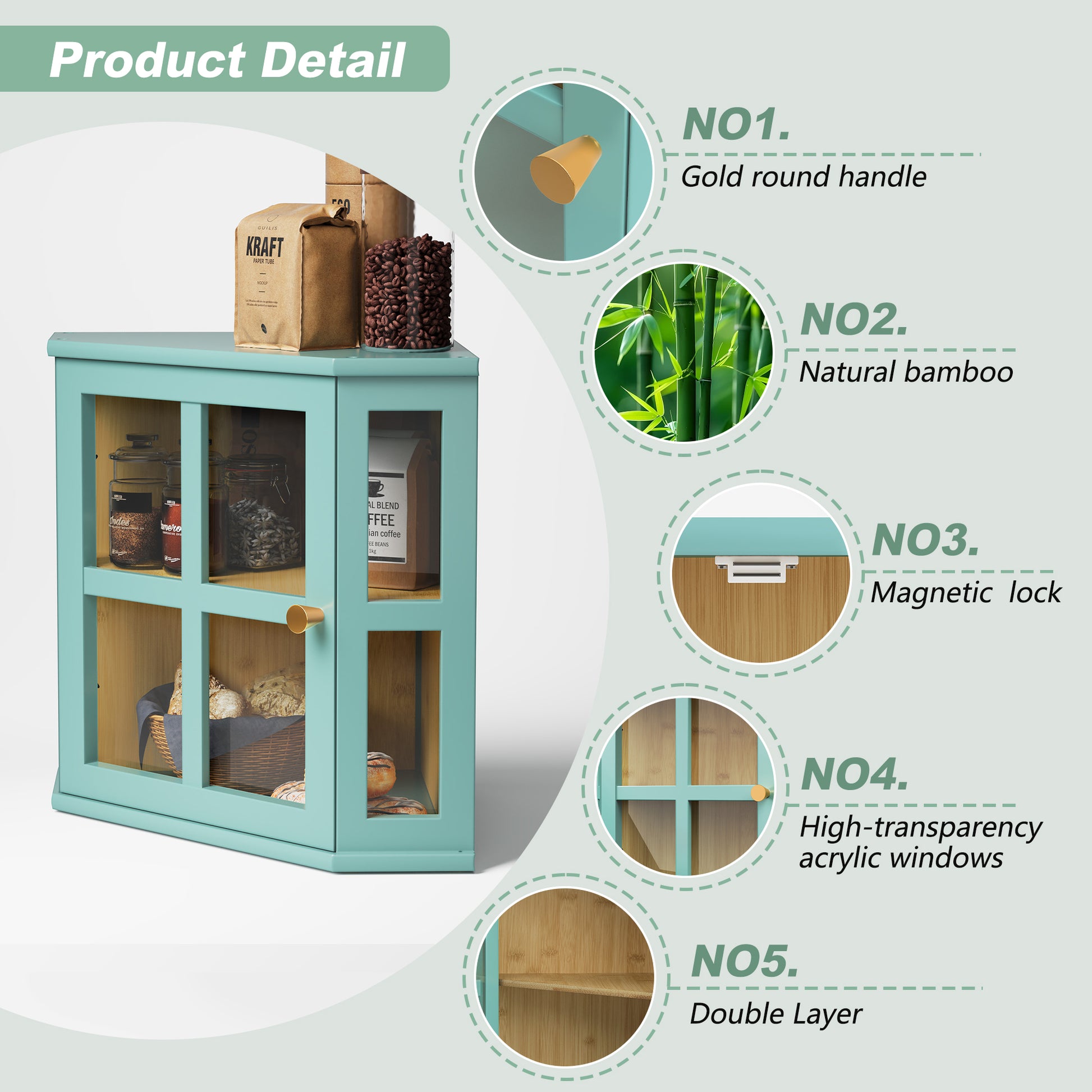 CBJCBJ Bamboo Bread Box, 2-Tier Countertop Storage Rack, Modern Retro Pantry Decor,Blue