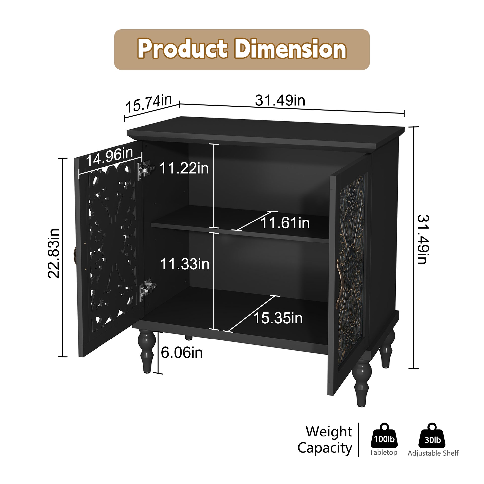 CBJCBJ 31.5" Mid Century Retro Sideboard Buffet Cabinet 2 Door, Accent Cabinet for Dining Room, Black
