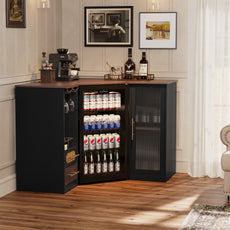 HLR Modern Corner Bar Cabinets with Mini Fridge Space, Wine Glass Rack, Storage Drawers, Black