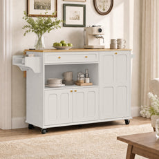 CBJCBJ Folding Rubber wood Kitchen Island, Kitchen Cart with Hidden Trash Can, Knife Rack & Spice Rack,White