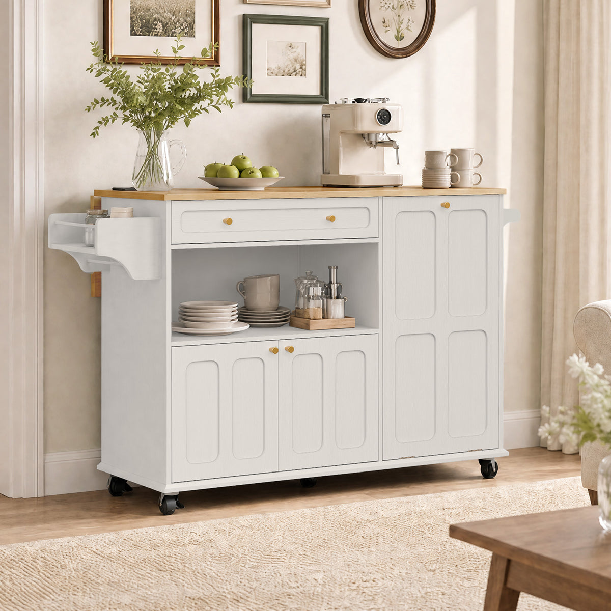 CBJCBJ Folding Rubber wood Kitchen Island, Kitchen Cart with Hidden Trash Can, Knife Rack & Spice Rack,White