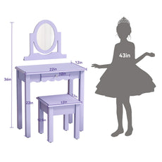 CBJCBJ Kids Vanity Set with Mirror and Stool（Detachable Top）, Wooden 2 in 1 Princess Makeup Desk Dressing Table,Purple