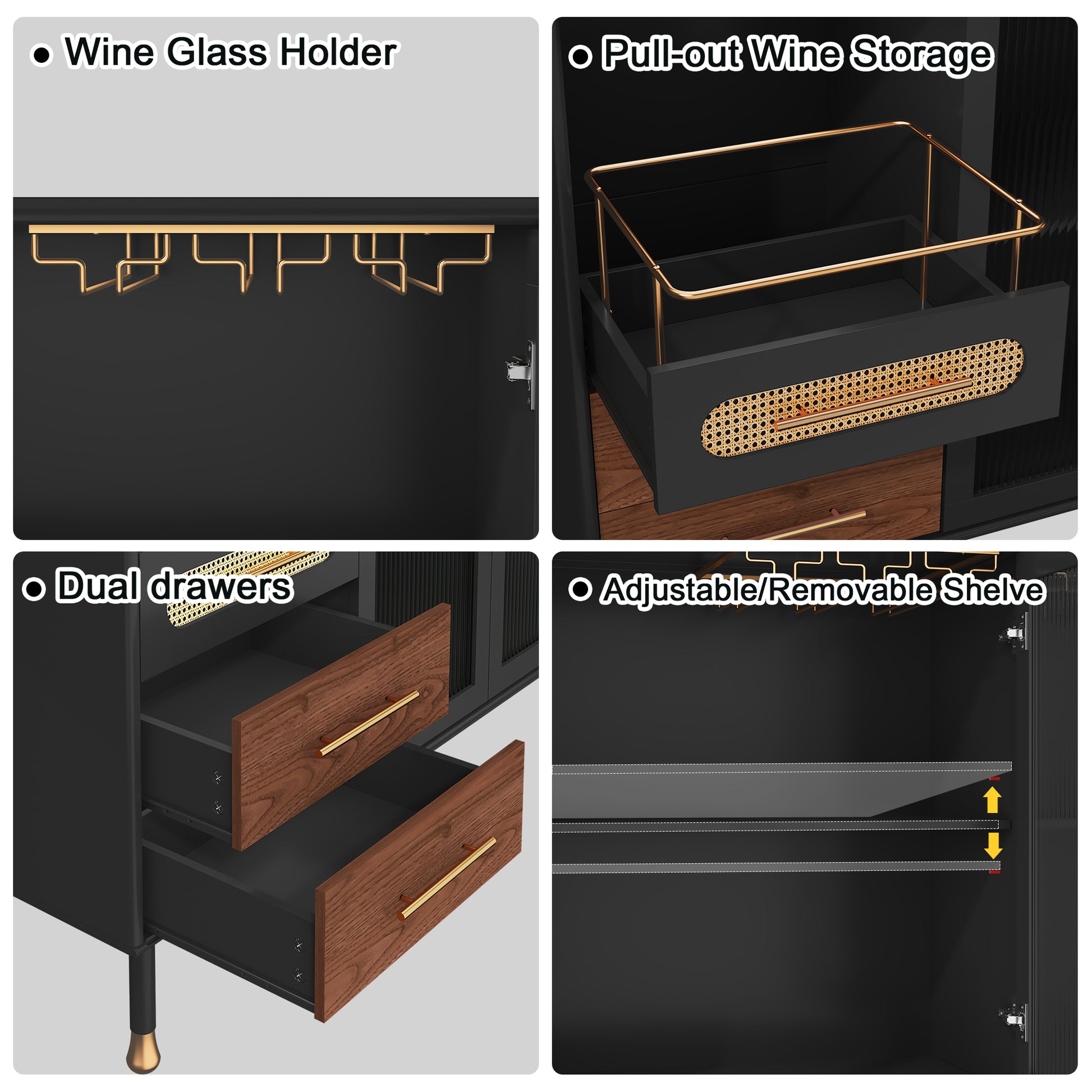 CBJCBJ 47” Coffee Bar Cabinet with Glass Rack, Modern Wine Bar Cabinet with Storage, for Dining Room, Black