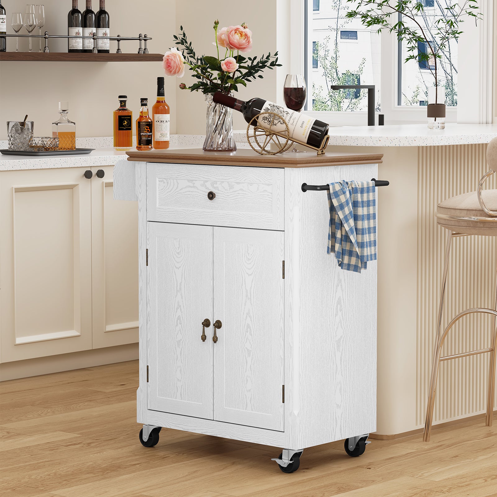 CBJCBJ Kitchen Islands Cart on Wheels with Storage, Wood Microwave Table with Drawers and Spice Box , for Dining Room,White