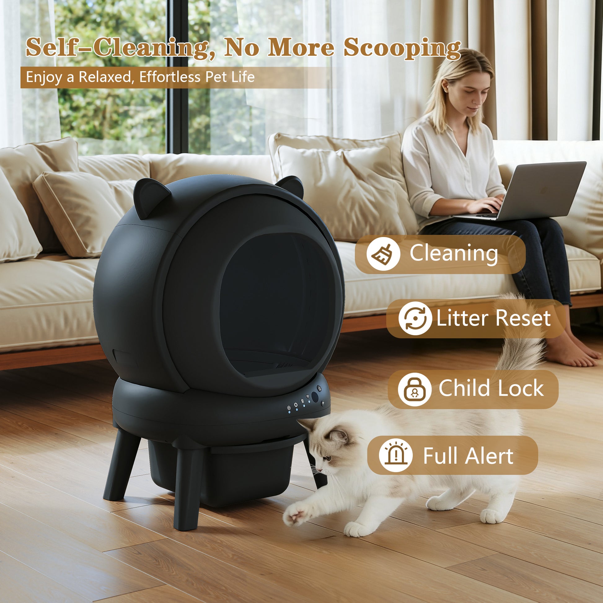 CBJCBJ 70L Smart Automatic Self-cleaning Cat Litter Box, Supports APP Control and Multiple Layer Safety Protection,Black