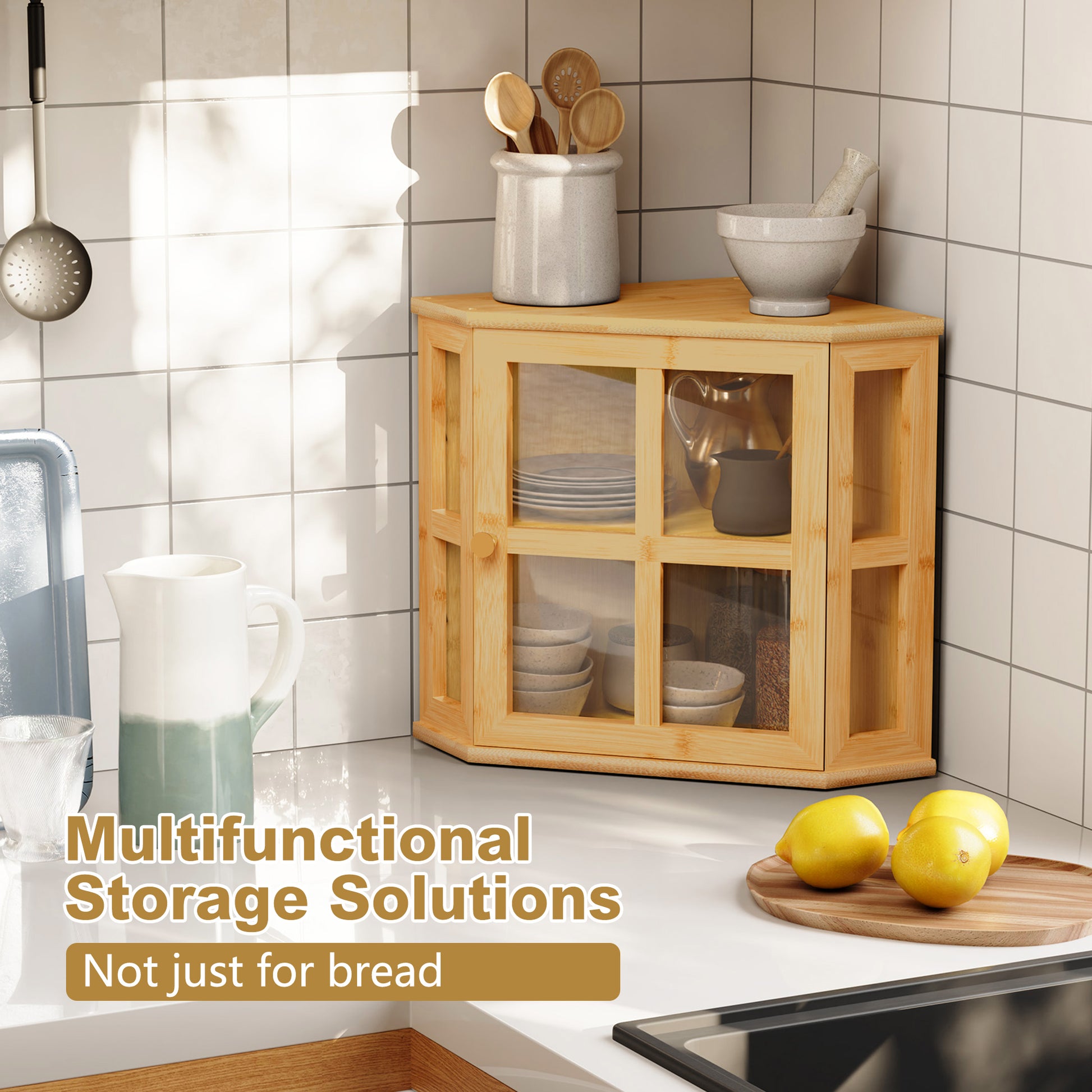 CBJCBJ Bamboo Bread Box, 2-Tier Countertop Storage Rack, Modern Retro Pantry Decor,Wood