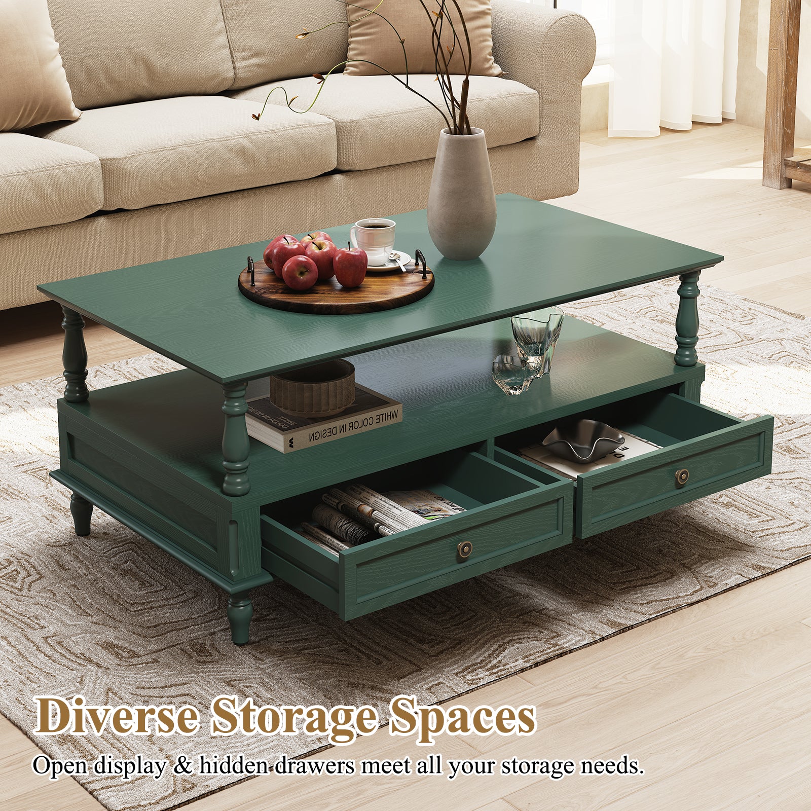 HLR 41" Mid Century Modern Coffee Table with Drawer Storage, Assembled Wood Center Table for Living Room, Green