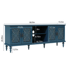 HLR Retro 67" TV Stand, for TVs up to 75", Living Room Entertainment Center with Carved Storage Cabinet, Blue