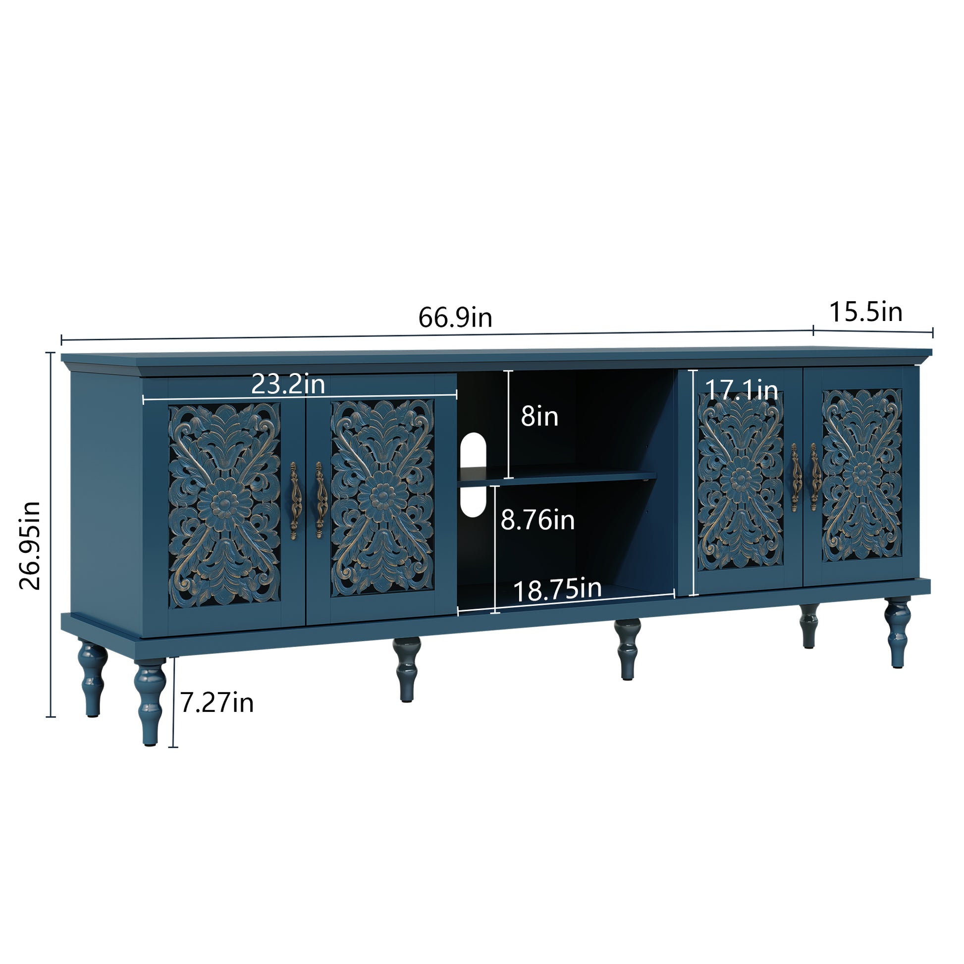 HLR Retro 67" TV Stand, for TVs up to 75", Living Room Entertainment Center with Carved Storage Cabinet, Blue
