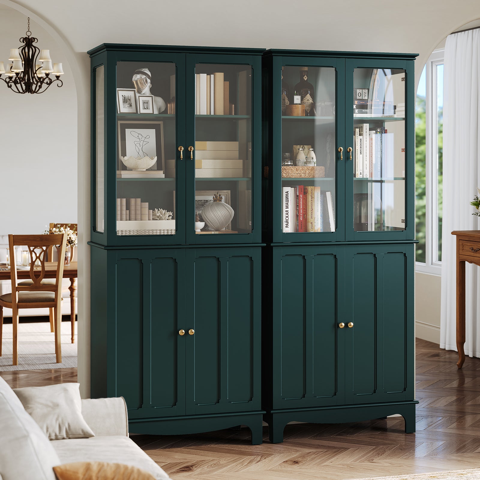 CBJCBJ Modern Bookcase with Storage, Display Cabinet with Glass Doors, Storage Cabinet with Adjustable Shelves,Green