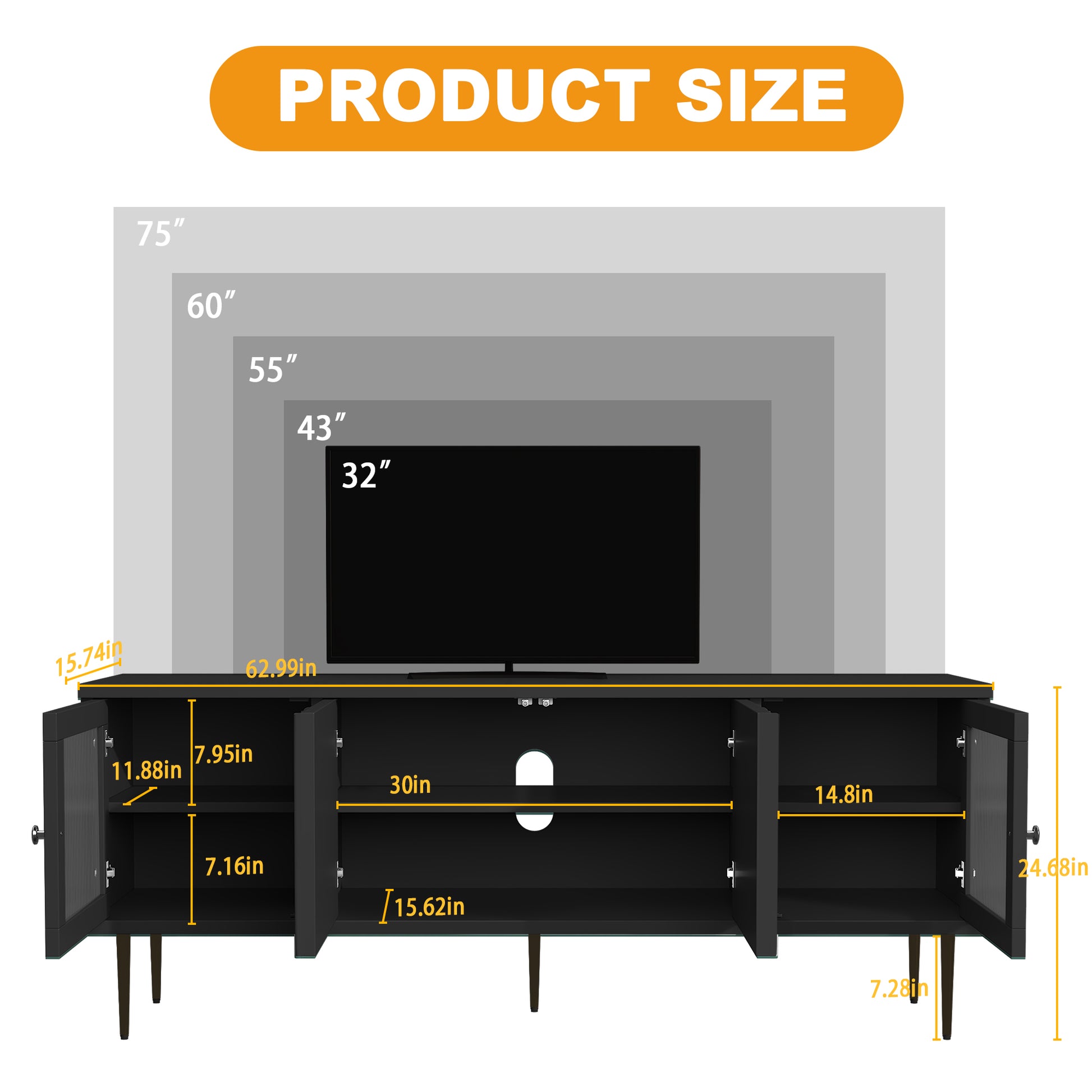 CBJCBJ Modern TV Stand for 70" TV, TV Console Cabinet with Storage, Entertainment Center for Living Room, Black