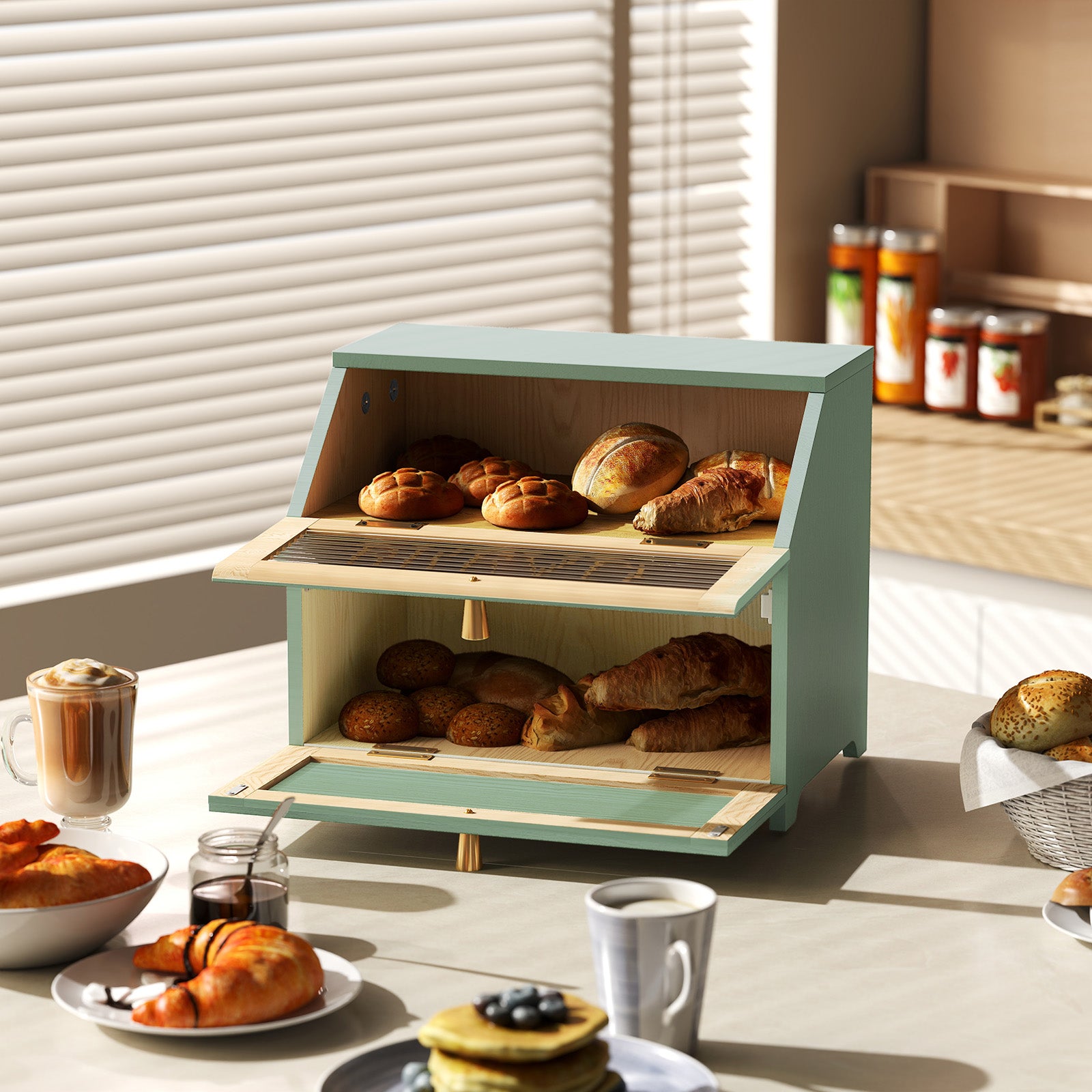 CBJCBJ 15.1" Gold-Trimmed Wooden Bread Box, Double Layer Kitchen Counter Organizer, Vintage Farmhouse Storage