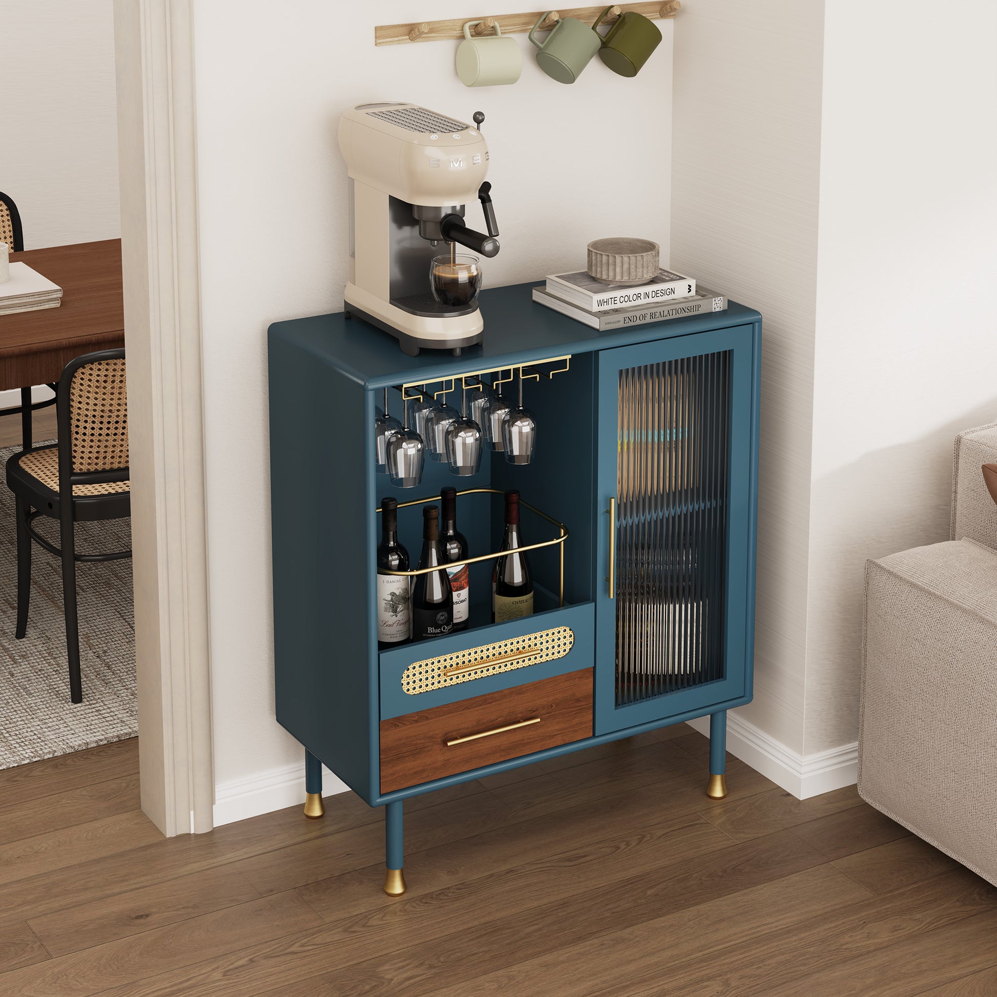 HLR 31.5"W Modern Wine Storage Cabinet with Pull-Out Rack & Tempered Glass Doors – Compact Coffee Bar for Kitchen, Dining Room, Apartment,Blue