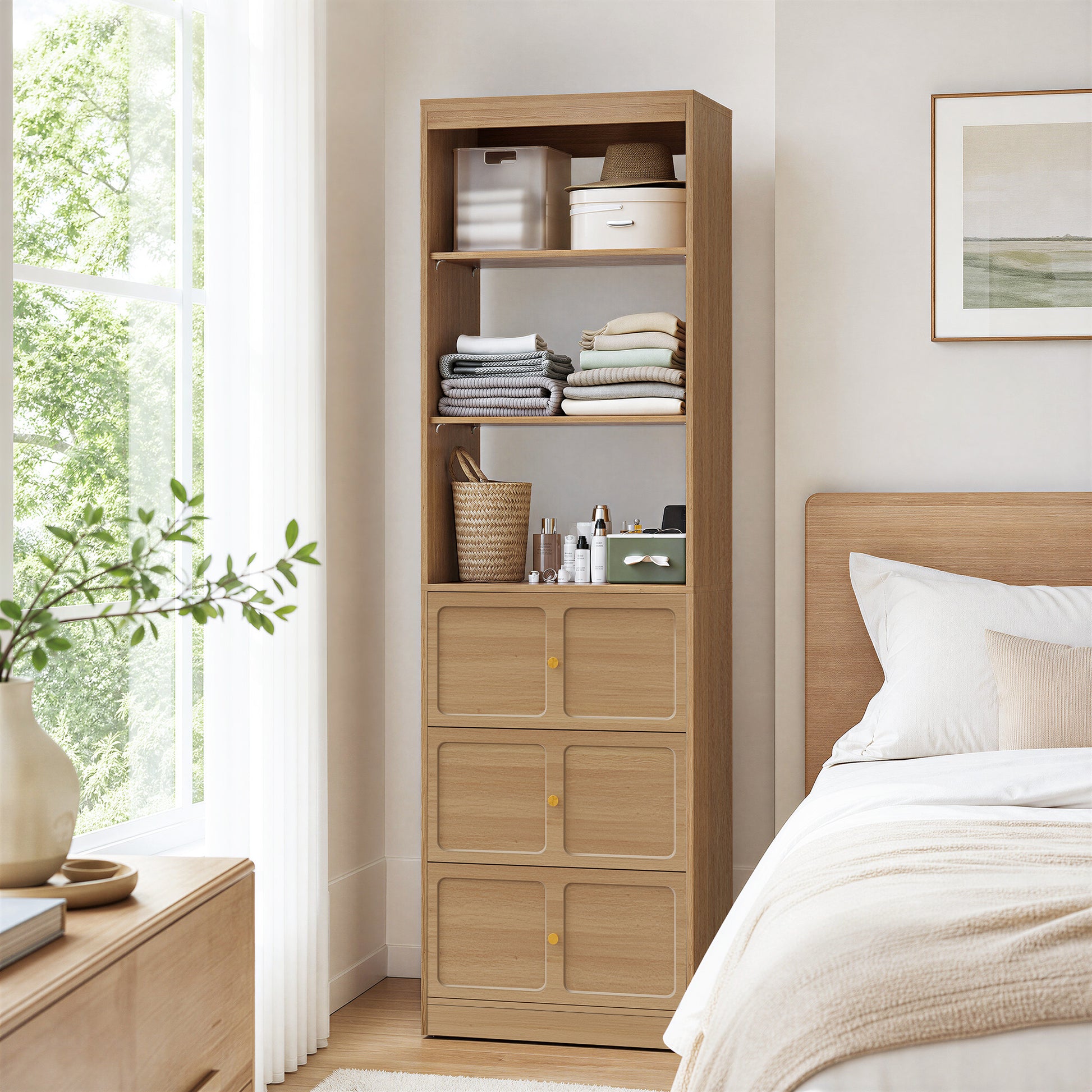 HLR Open Wardrobe Closet System with Adjustable Hanging Rods, Storage Cabinet with Drawers and Shelves,Brown