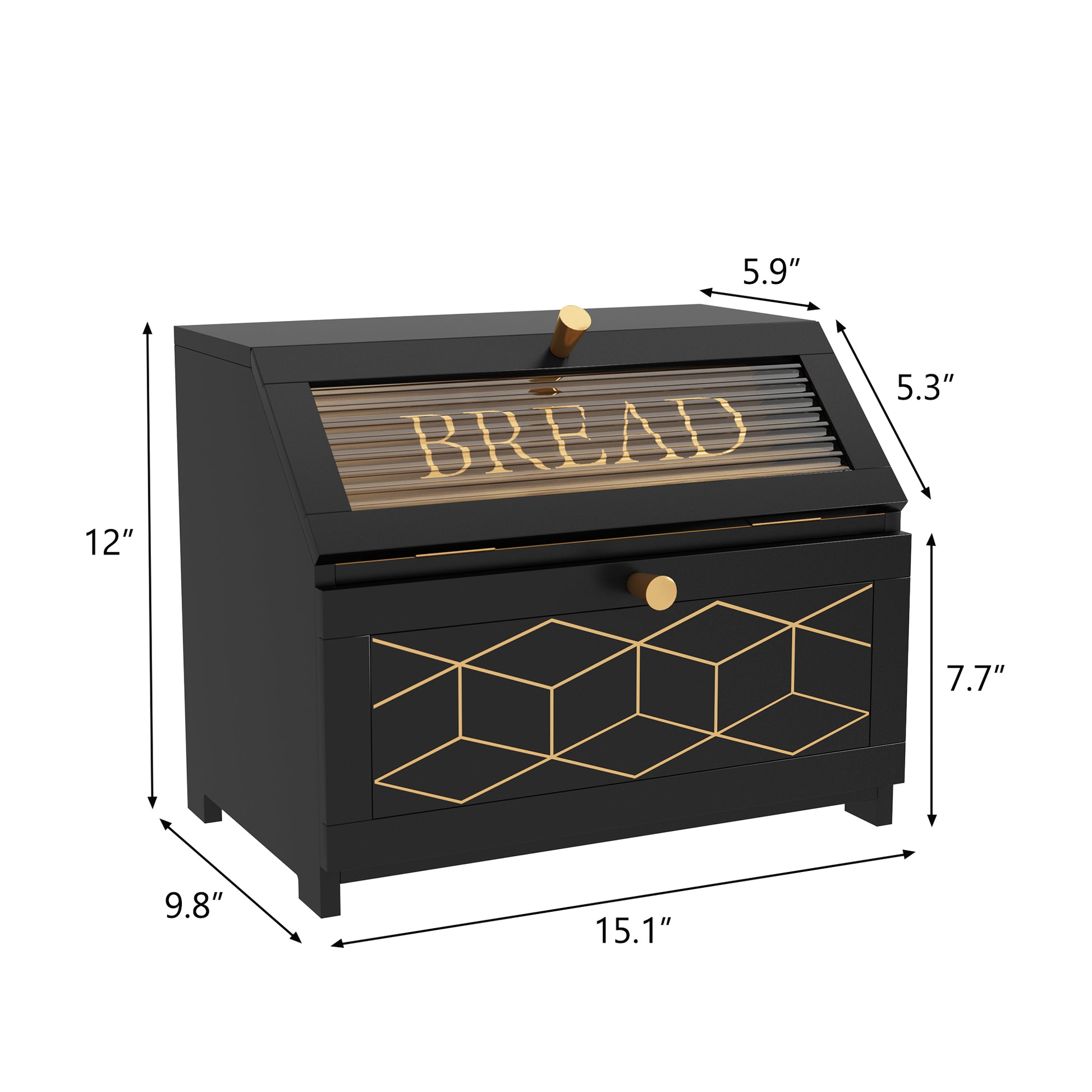 HLR Large Bread Box, Wood 2-layer Bread Box Storage for Kitchen Counter, with Bar Pattern Windows, Black
