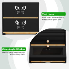 CBJCBJ Natural Bamboo Bread Box with Cutting Board and Roll Top, 2-Tier Large Wood Bread Bin for Kitchen,Black