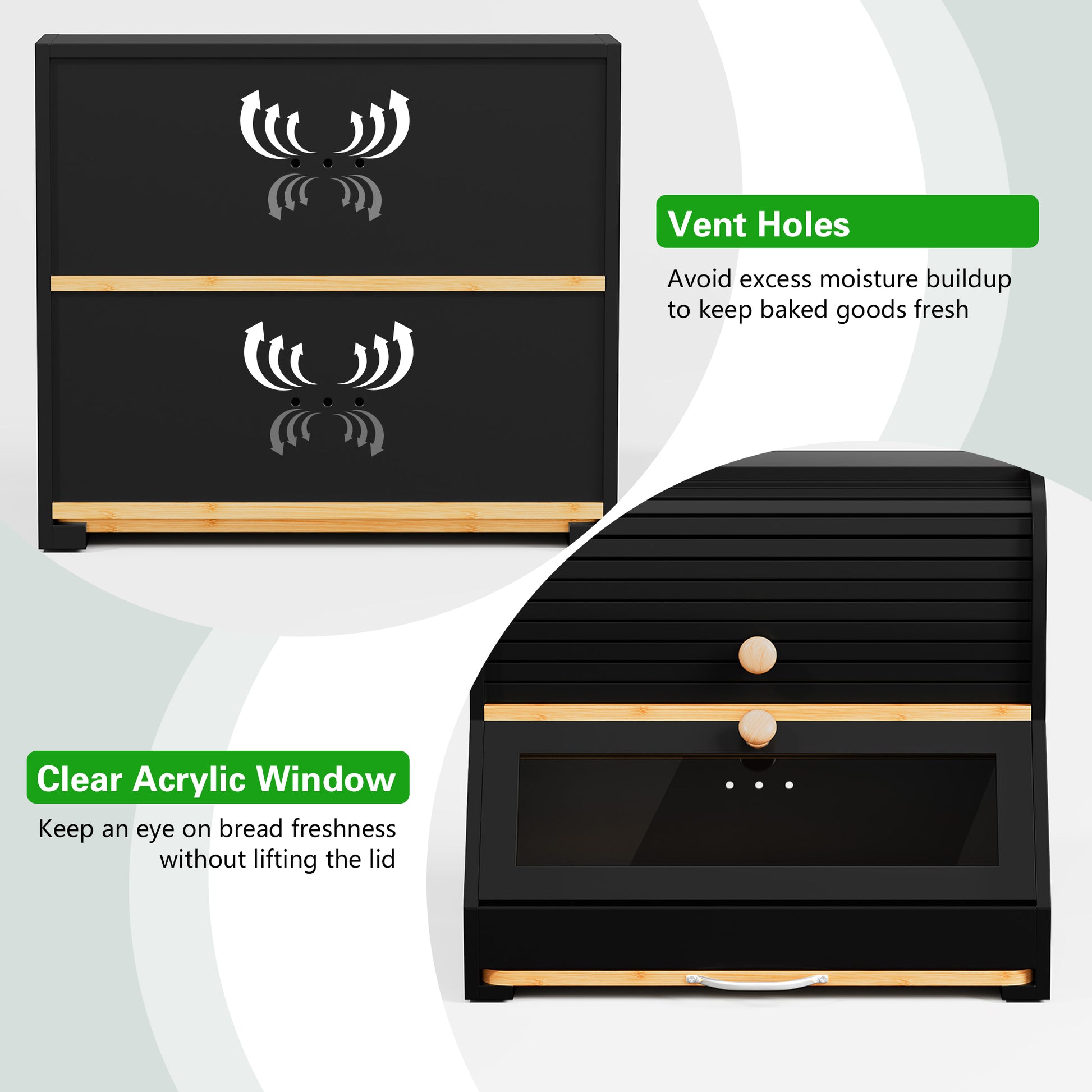 CBJCBJ Natural Bamboo Bread Box with Cutting Board and Roll Top, 2-Tier Large Wood Bread Bin for Kitchen,Black