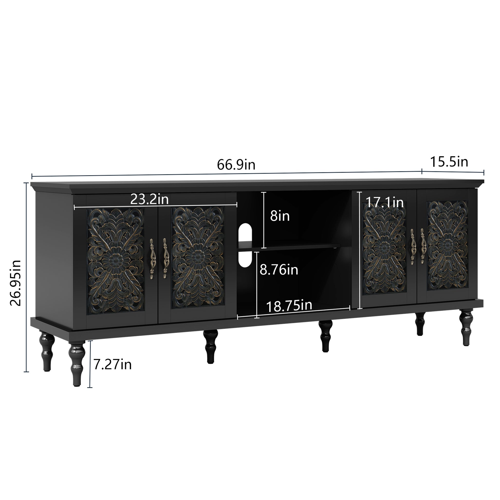 HLR Retro 67" TV Stand, for TVs up to 75", Living Room Entertainment Center with Carved Storage Cabinet, Black