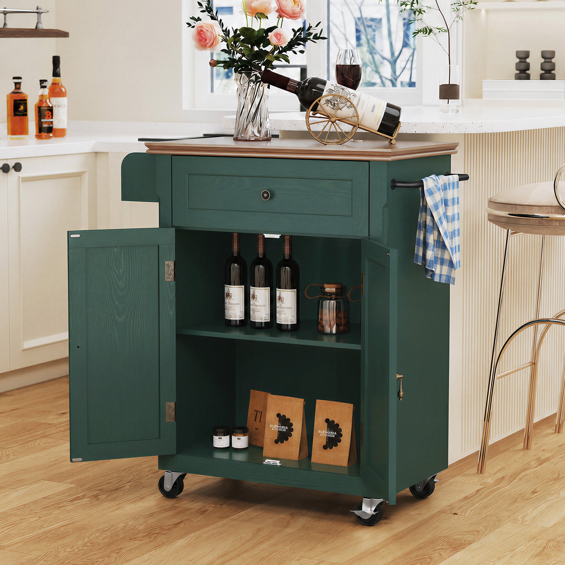 HLR Small Kitchen Islands Table with Storage, Rolling Wood Microwave Cart on Wheels for Dining Room, Green