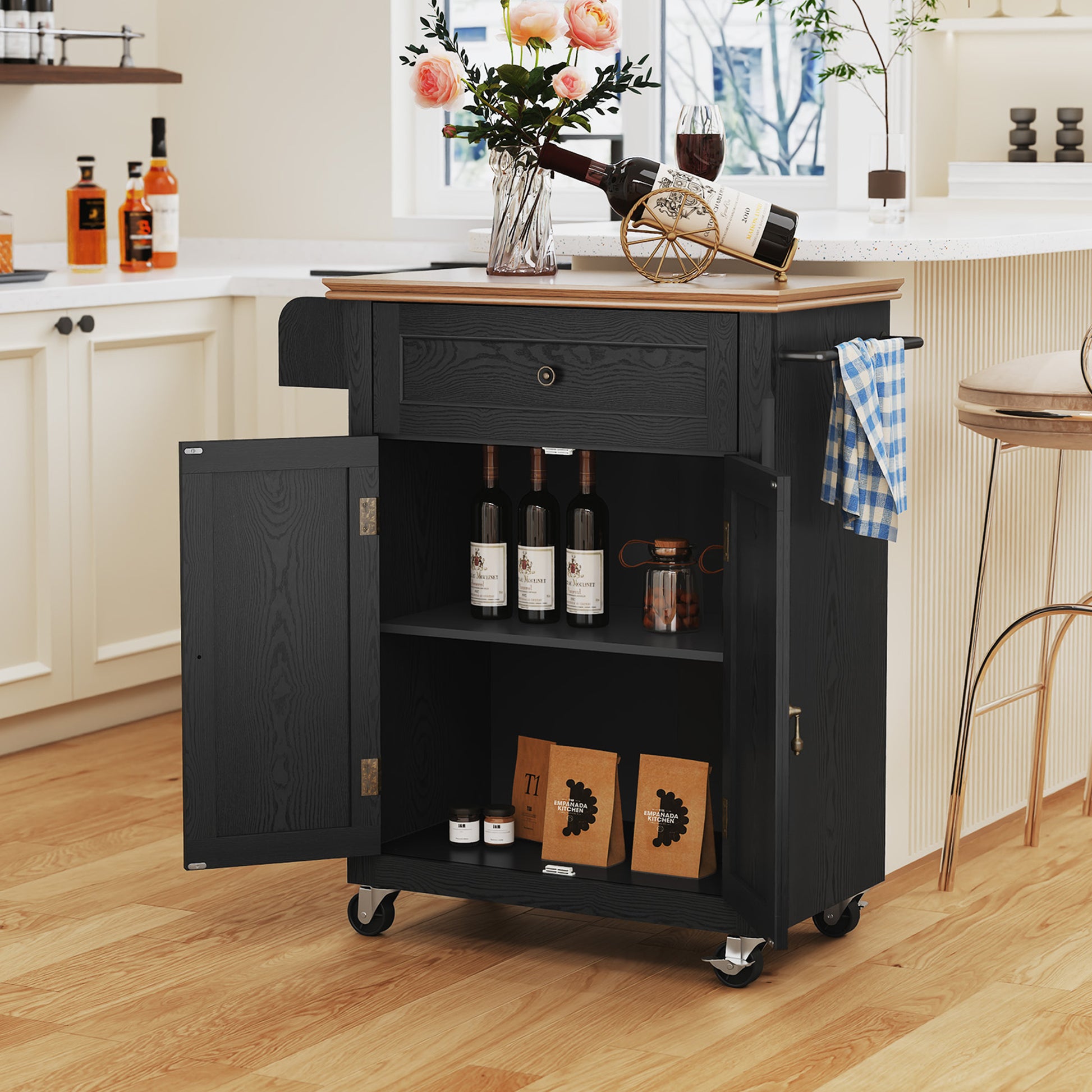 CBJCBJ Kitchen Islands Cart on Wheels with Storage, Wood Microwave Table with Drawers and Spice Box , for Dining Room,Black