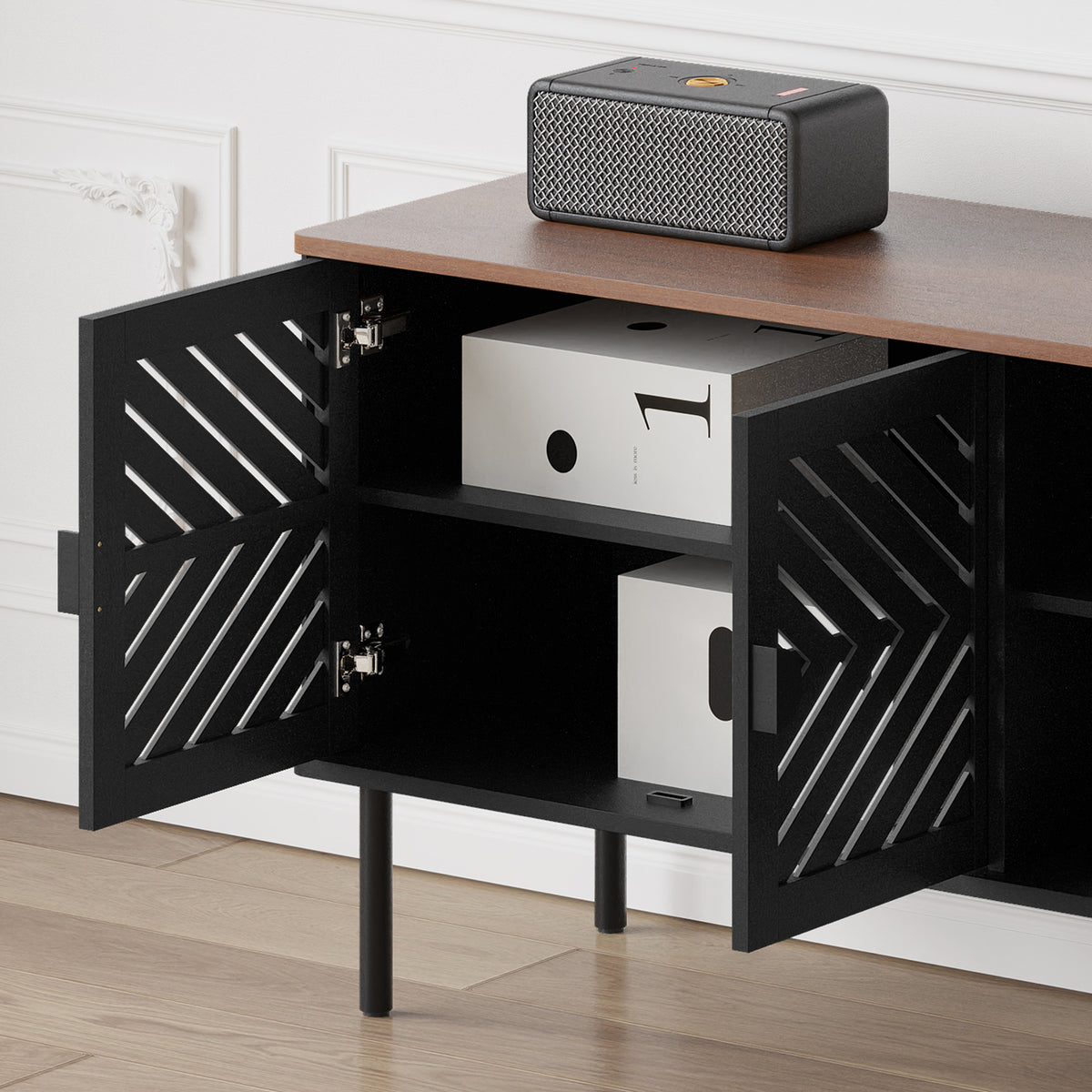 CBJCBJ Modern Mid Century 70" Large TV Stand for 80" TV, Entertainment Center with Storage,Black