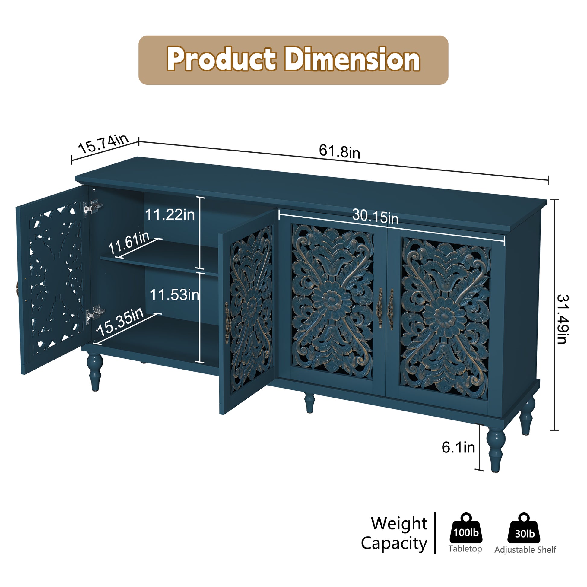 CBJCBJ Mid-Century Retro 62" Wood Openwork Carved 4 Door Sideboard Buffet Cabinet for Living Dining & Bedroom,Blue