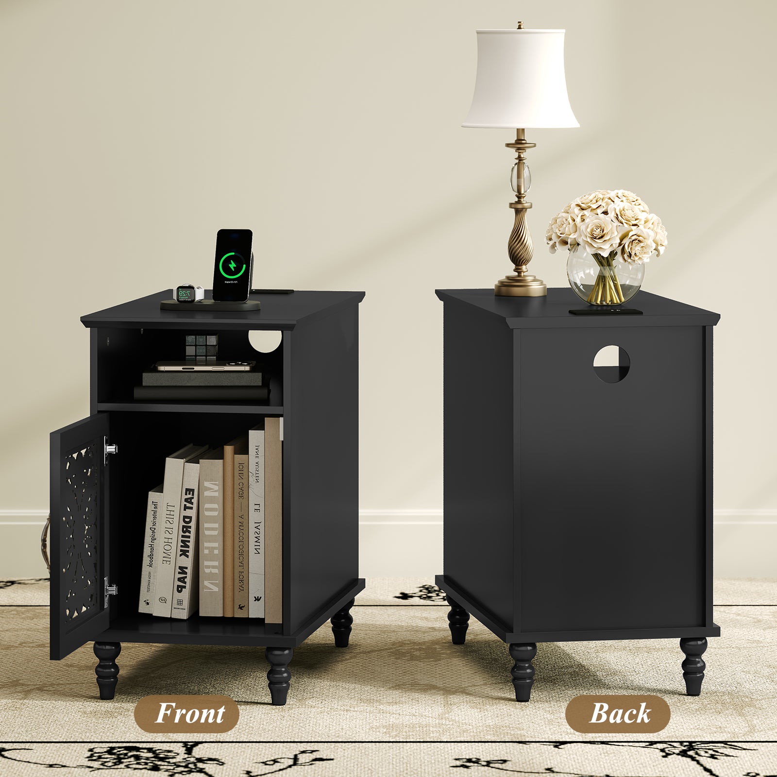 HLR 13.77" Nightstand with Charging Station, Modern Black End / BedSide Table for Living Room