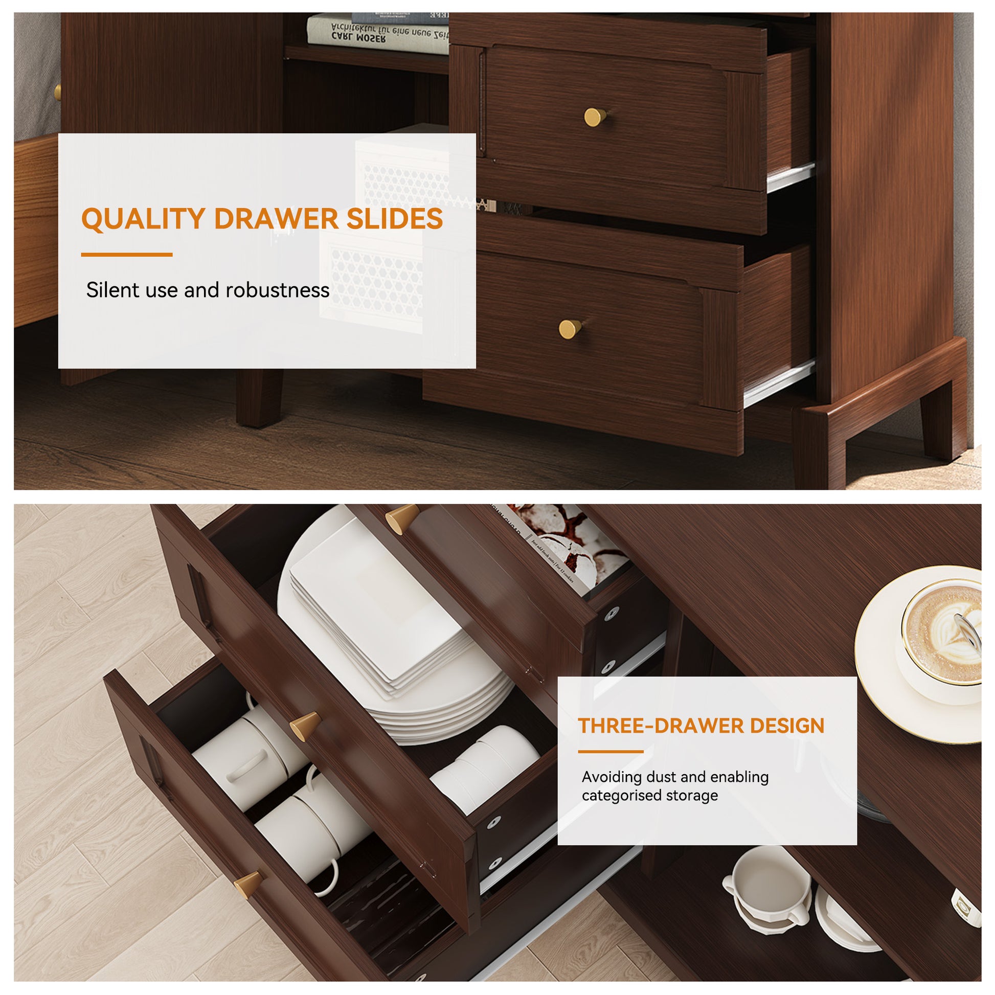 HLR Modern 32"W Accent Cabinet 3 Drawers & Door, Wood Sideboard with Storage for Living Room, Brown