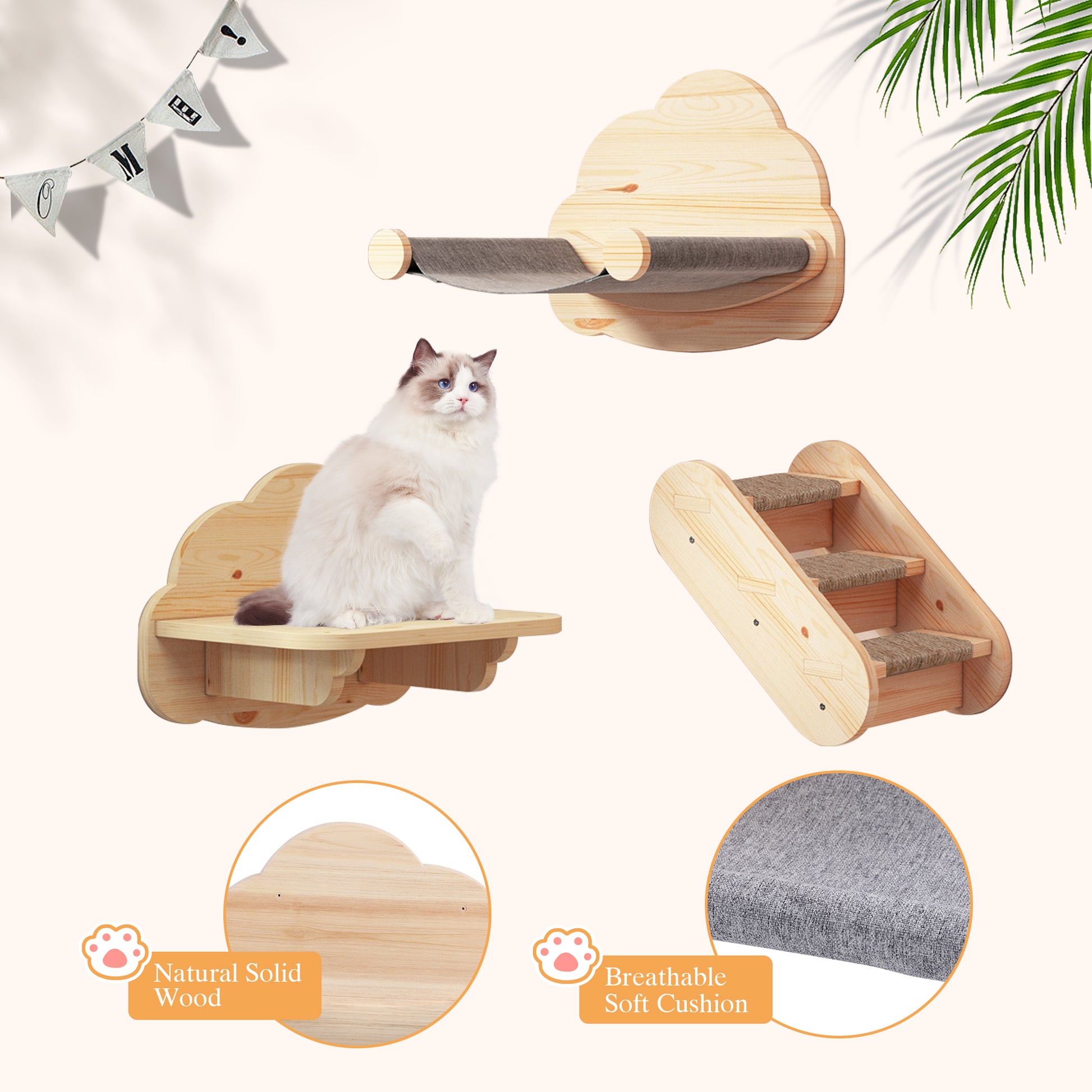 CBJCBJ Solid Wood Cat Wall Mounts Shelves Perches Set, Sleeping Playing Lounging Climbing Wall-mounted Cat Tree House for Multiple Cats, 3-Piece