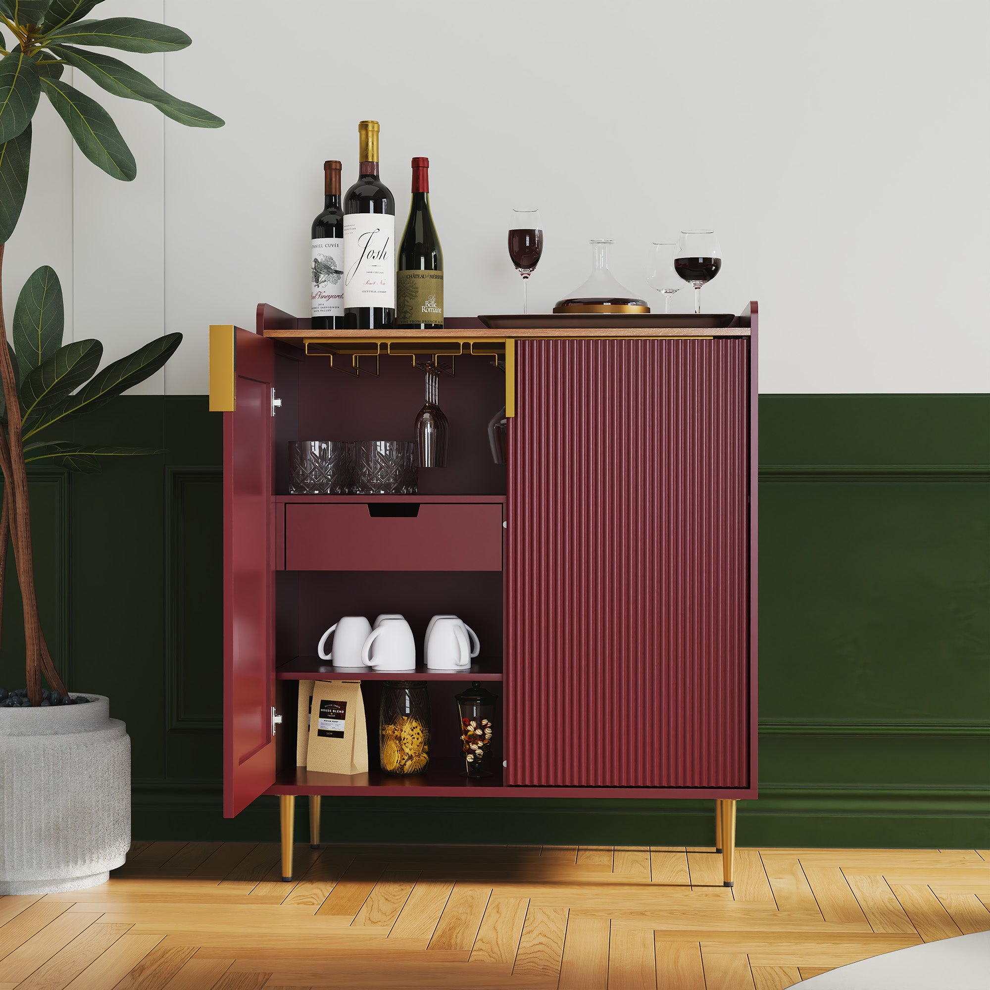HLR 32"W Wine Bar Cabinet with 2 Door Fluted Texture, Modern Coffee Cabinet with Rack&Glass Holder,Red