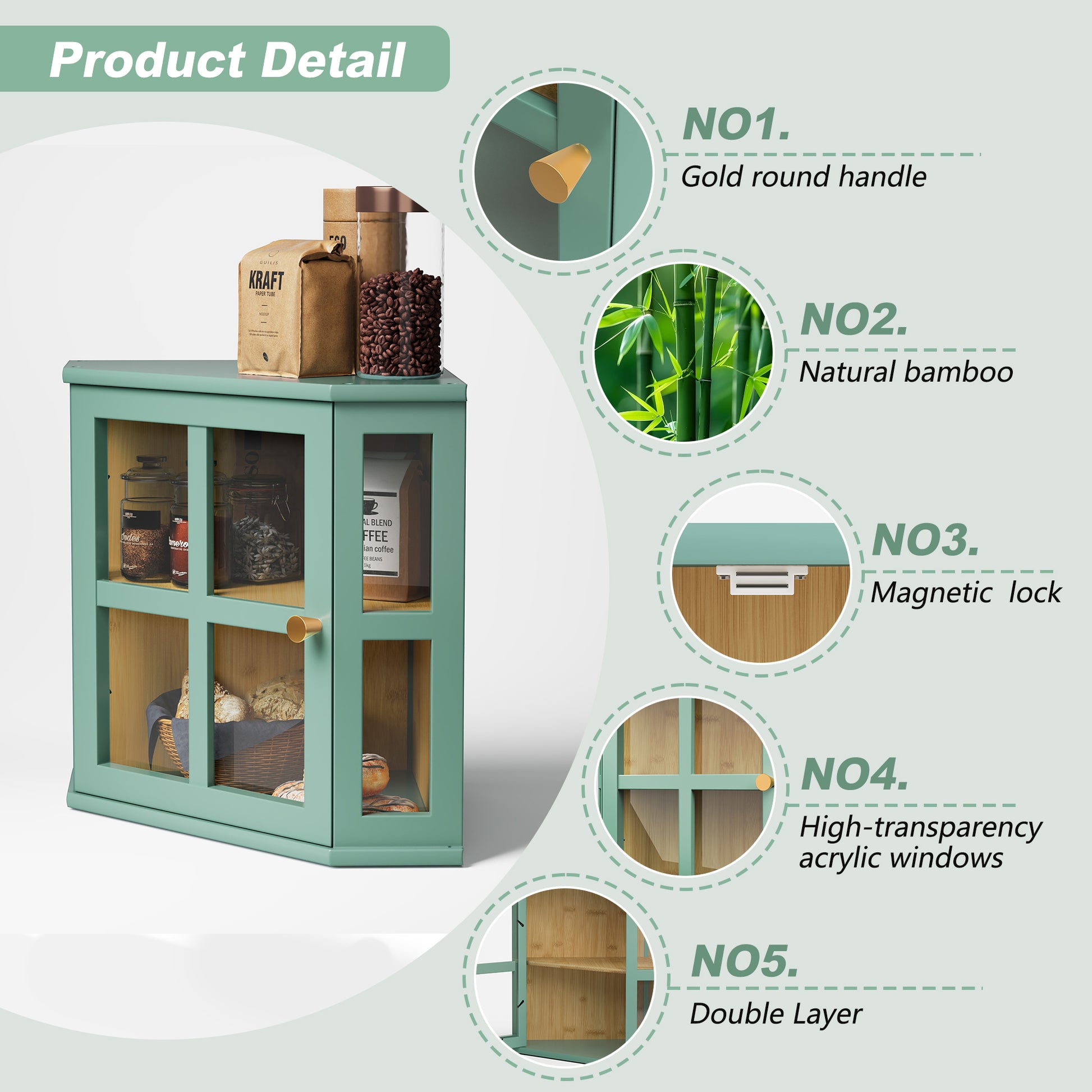HLR Double Layer Bamboo Bread Box for Kitchen Counter, Large Capacity Bread Storage Bin with Acrylic Door, Green