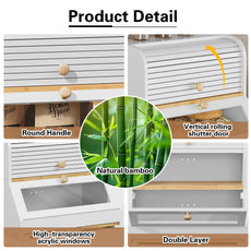 HLR Natural Bamboo Bread Box Kitchen Countertop with Cutting Board and Roll Top, White 2-Tier Large Wood Bread Bin