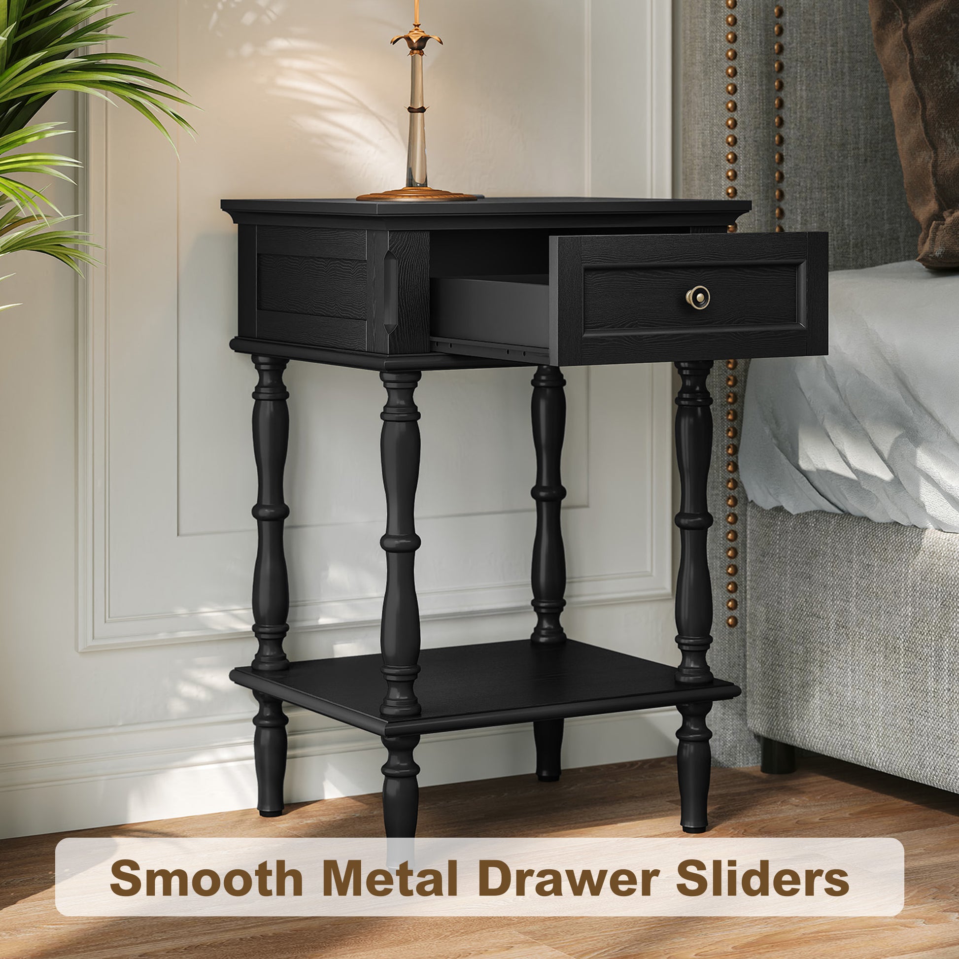 HLR 25" Mid Century Nightstand Set of 2, Assembled Wood Bedroom End Table with Drawers & Shelves