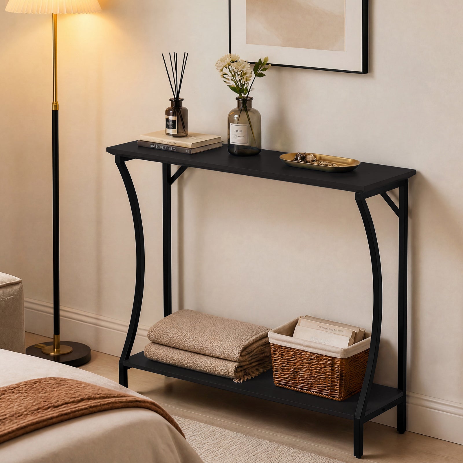 CBJCBJ Narrow Console Table with Charging Station, 2-Tier Simple Entryway Table for Living Room Hallway,Black